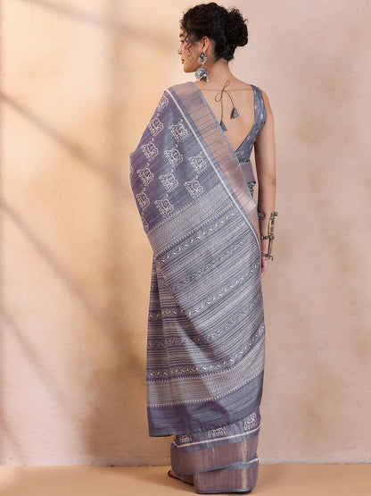 Women's Silk Blend Metallic Printed Designer Saree With Blouse Piece