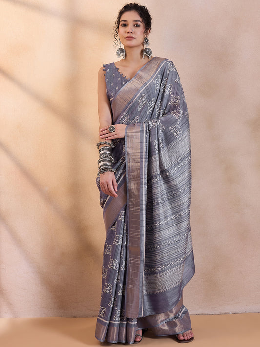 Women's Silk Blend Metallic Printed Designer Saree With Blouse Piece