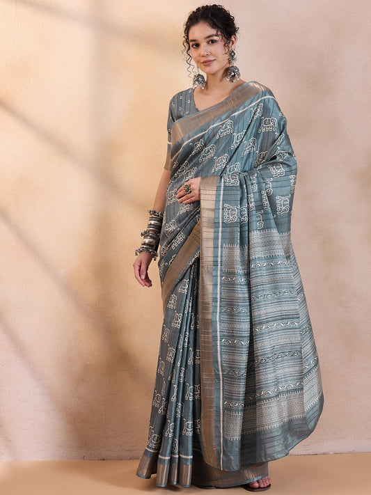 Women's Silk Blend Sea Green Printed Designer Saree With Blouse Piece