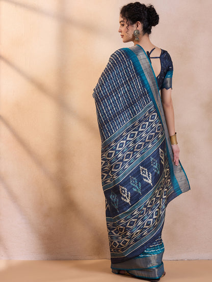 Women's Silk Blend Navy Blue Printed Designer Saree With Blouse Piece