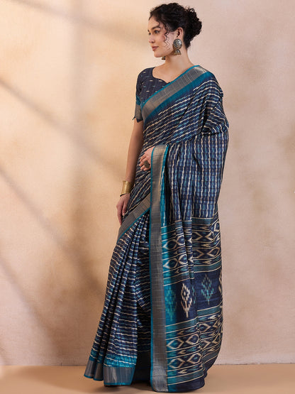 Women's Silk Blend Navy Blue Printed Designer Saree With Blouse Piece