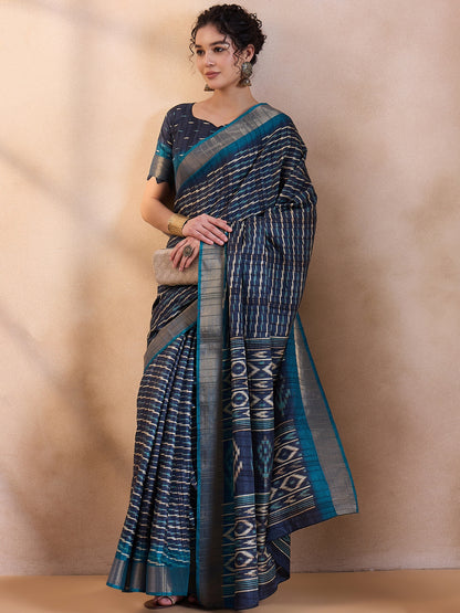 Women's Silk Blend Navy Blue Printed Designer Saree With Blouse Piece