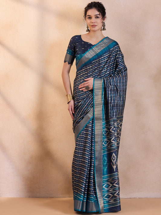 Women's Silk Blend Navy Blue Printed Designer Saree With Blouse Piece