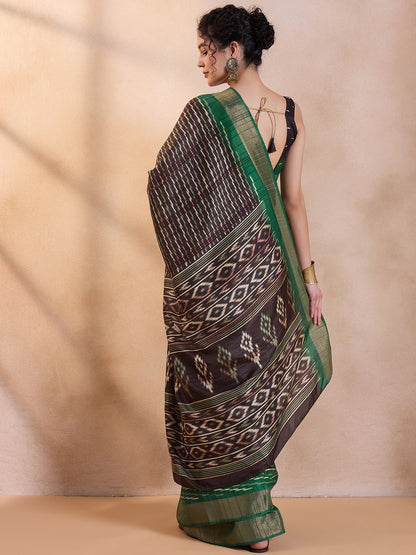 Women's Silk Blend Brown Printed Designer Saree With Blouse Piece