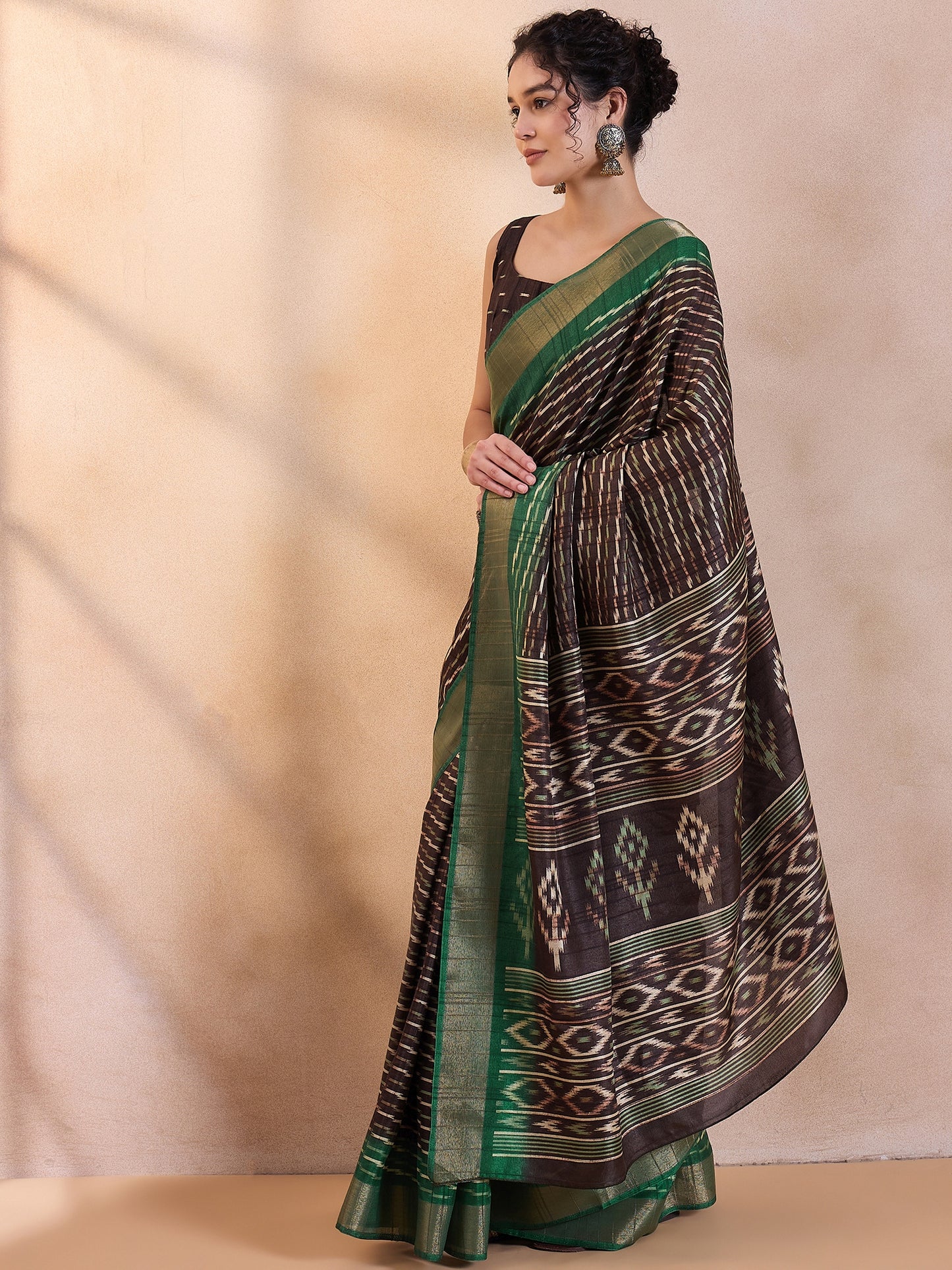 Women's Silk Blend Brown Printed Designer Saree With Blouse Piece