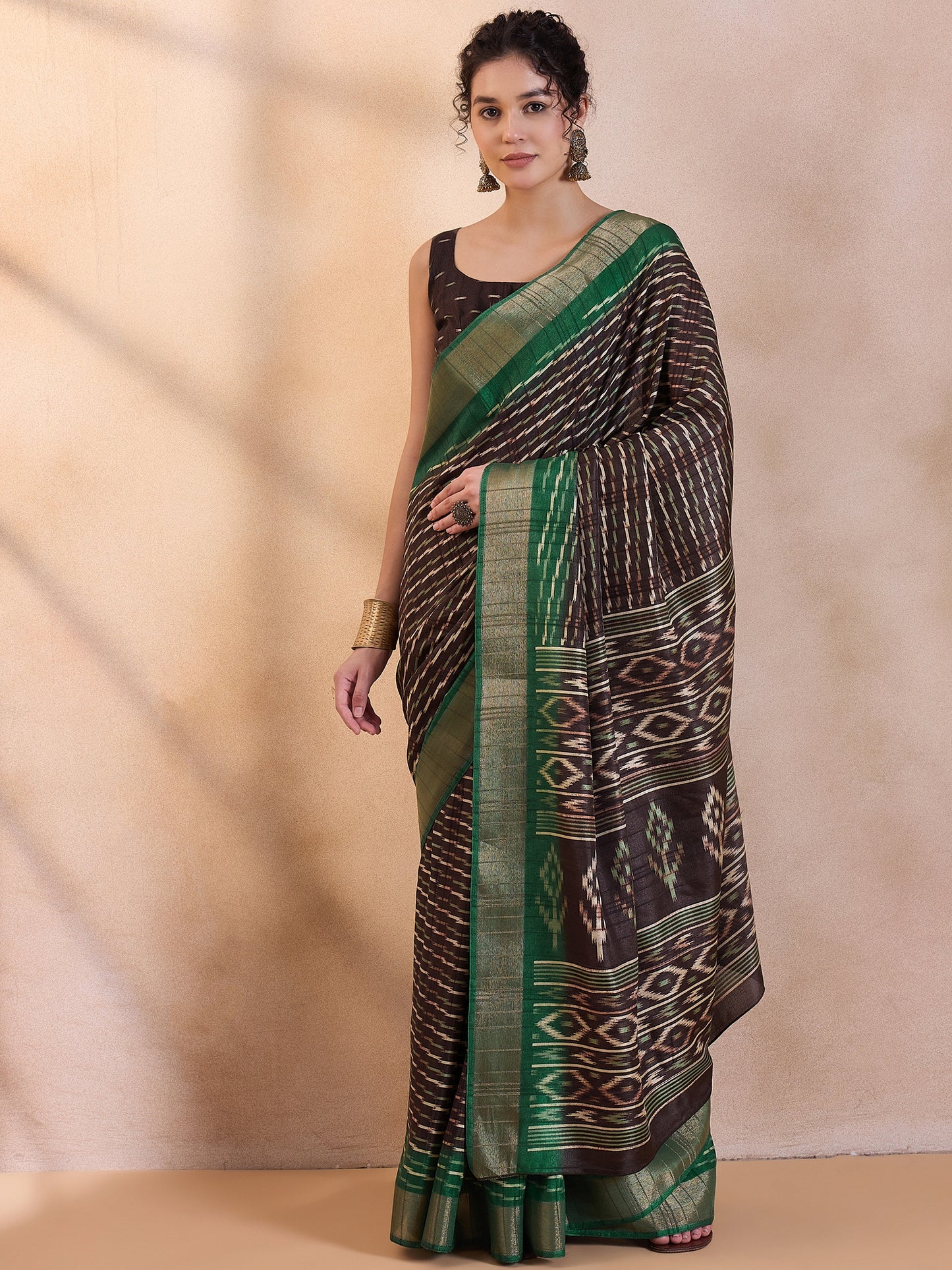 Women's Silk Blend Brown Printed Designer Saree With Blouse Piece