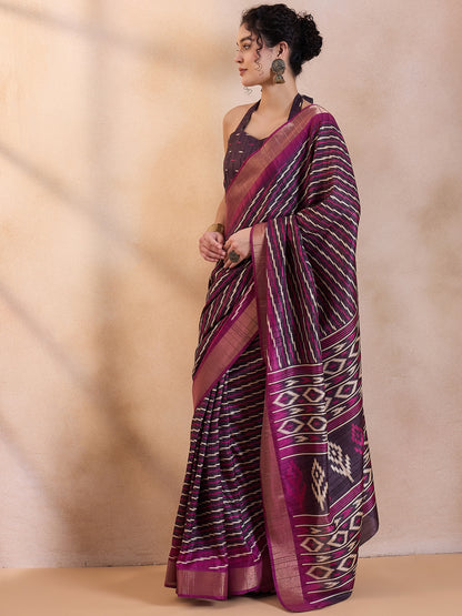 Women's Silk Blend Magenta Printed Designer Saree With Blouse Piece