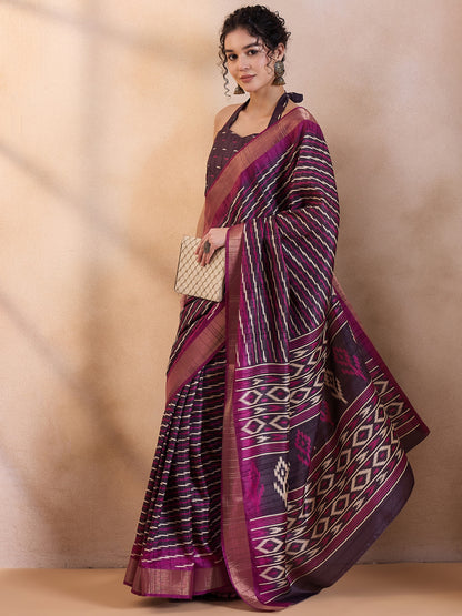 Women's Silk Blend Magenta Printed Designer Saree With Blouse Piece