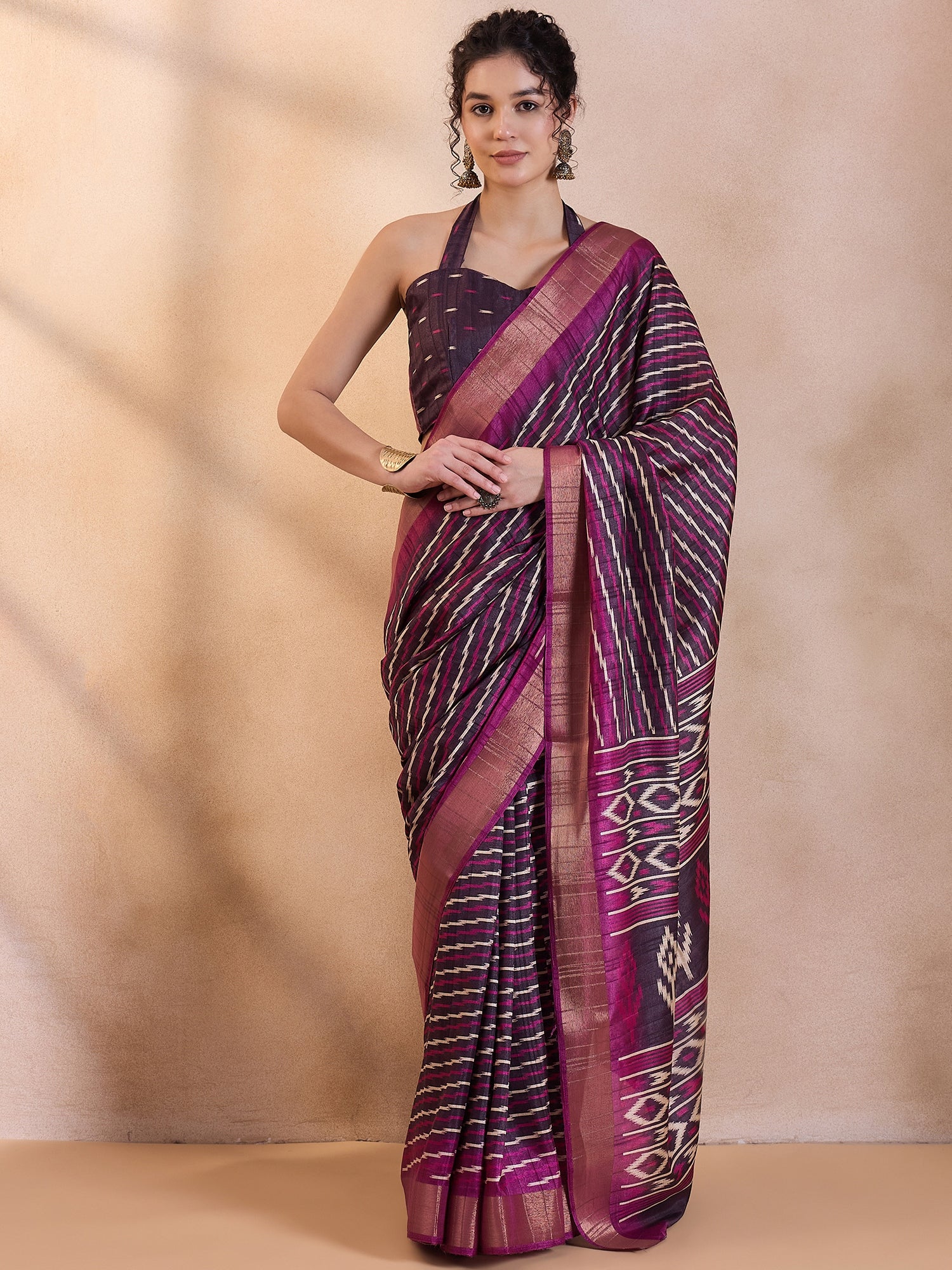 Women's Silk Blend Magenta Printed Designer Saree With Blouse Piece