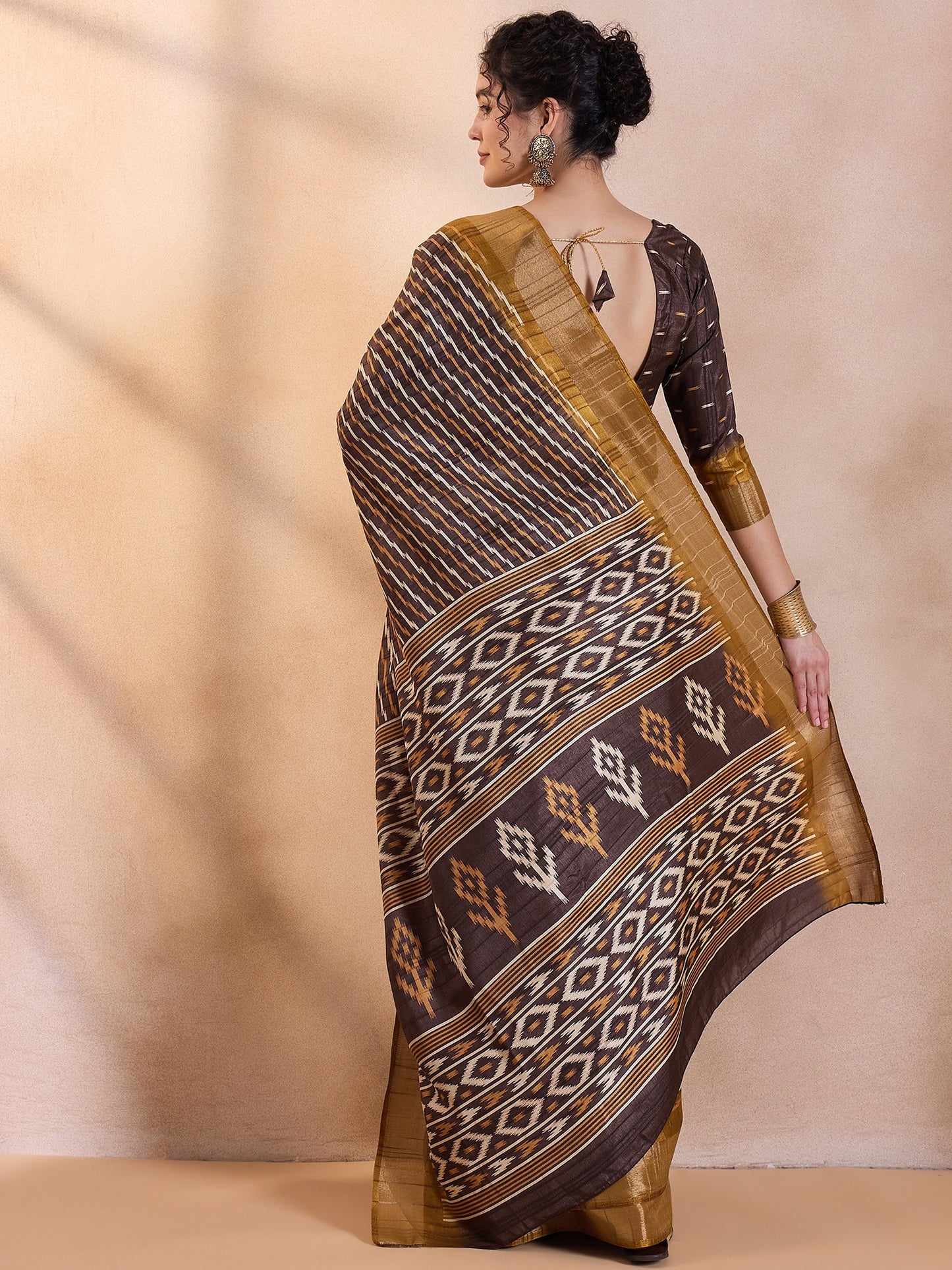 Women's Silk Blend Brown Printed Designer Saree With Blouse Piece
