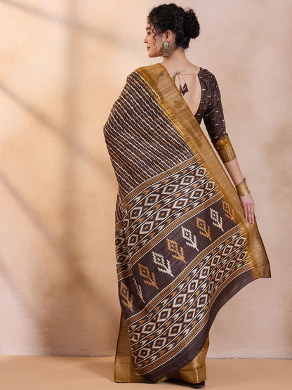 Women's Silk Blend Brown Printed Designer Saree With Blouse Piece