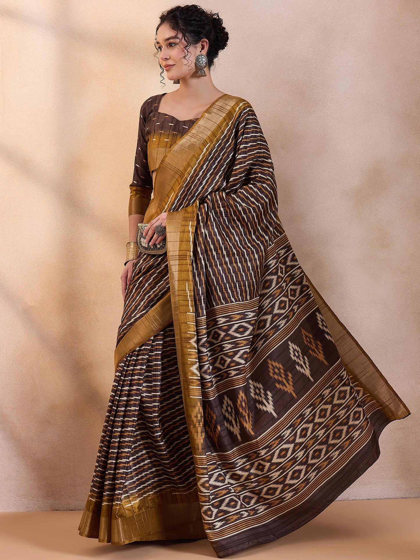 Women's Silk Blend Brown Printed Designer Saree With Blouse Piece