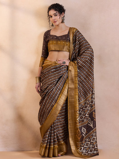 Women's Silk Blend Brown Printed Designer Saree With Blouse Piece