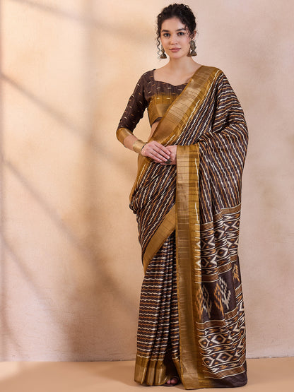 Women's Silk Blend Brown Printed Designer Saree With Blouse Piece