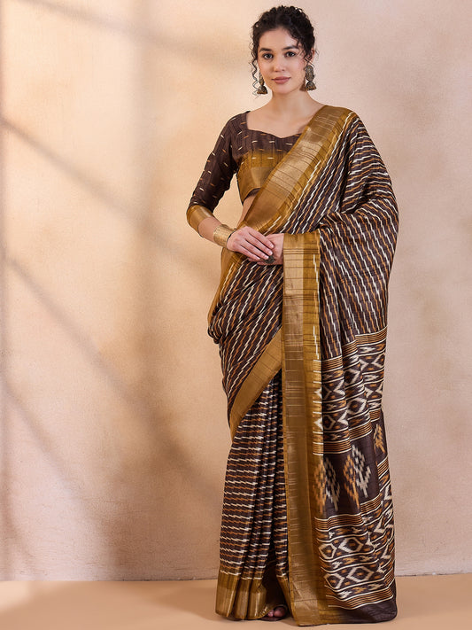 Women's Silk Blend Brown Printed Designer Saree With Blouse Piece