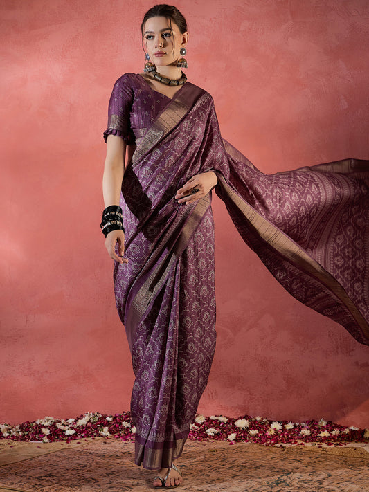 Women's Silk Blend Magenta Printed Designer Saree With Blouse Piece