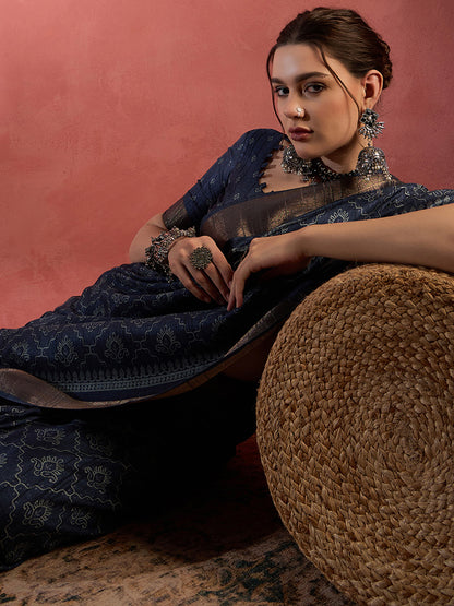 Women's Silk Blend Navy Blue Printed Designer Saree With Blouse Piece