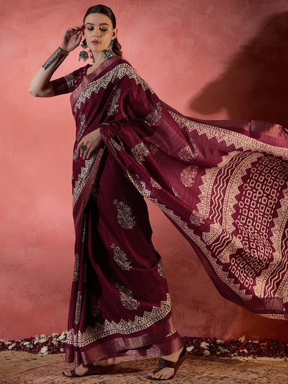 Women's Silk Blend Burgundy Printed Designer Saree With Blouse Piece