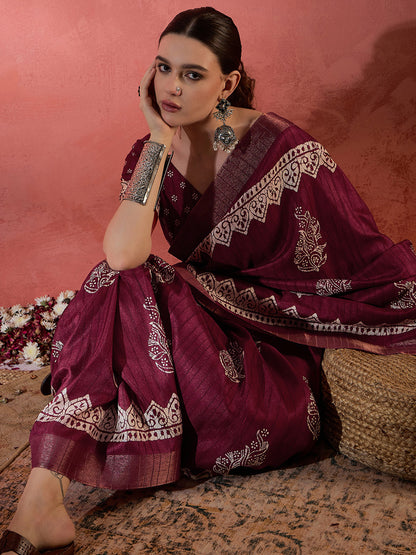 Women's Silk Blend Burgundy Printed Designer Saree With Blouse Piece