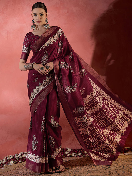 Women's Silk Blend Burgundy Printed Designer Saree With Blouse Piece