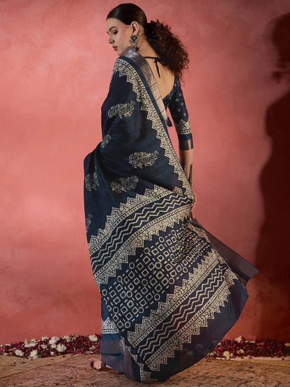 Women's Silk Blend Teal blue Printed Designer Saree With Blouse Piece