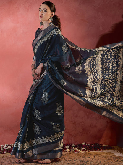 Women's Silk Blend Teal blue Printed Designer Saree With Blouse Piece
