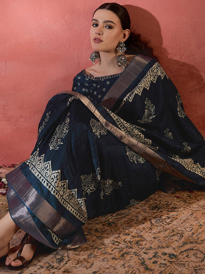 Women's Silk Blend Teal blue Printed Designer Saree With Blouse Piece