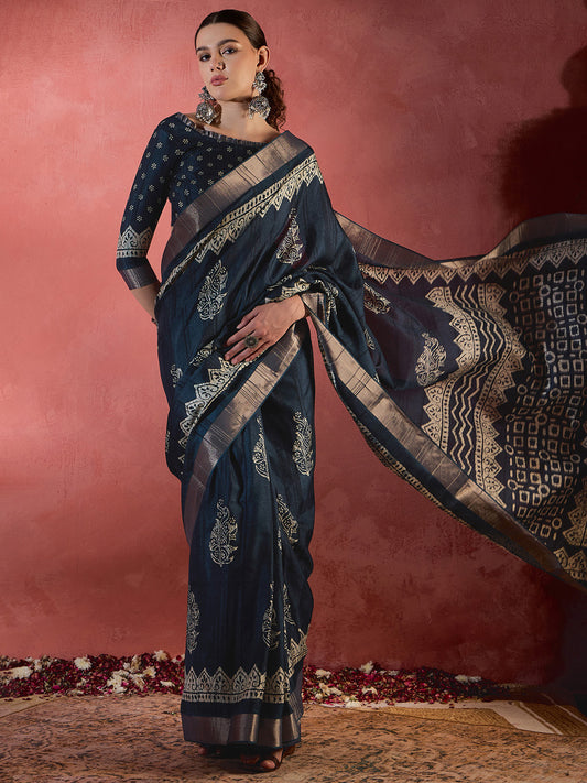 Women's Silk Blend Teal blue Printed Designer Saree With Blouse Piece