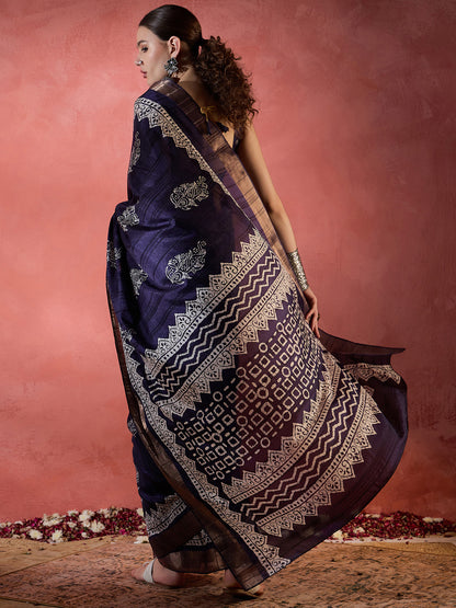 Women's Silk Blend Purple Printed Designer Saree With Blouse Piece
