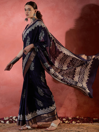 Women's Silk Blend Purple Printed Designer Saree With Blouse Piece