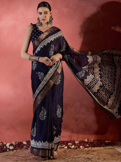 Women's Silk Blend Purple Printed Designer Saree With Blouse Piece