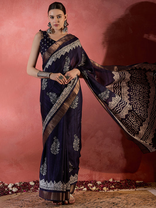 Women's Silk Blend Purple Printed Designer Saree With Blouse Piece