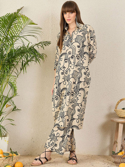 Dhiyona IE Printed Shirt Collar Pure Cotton Tunic With Trouser