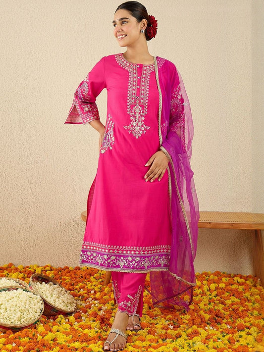 Floral Embroidered Thread Work Kurta With Trousers & Dupatta