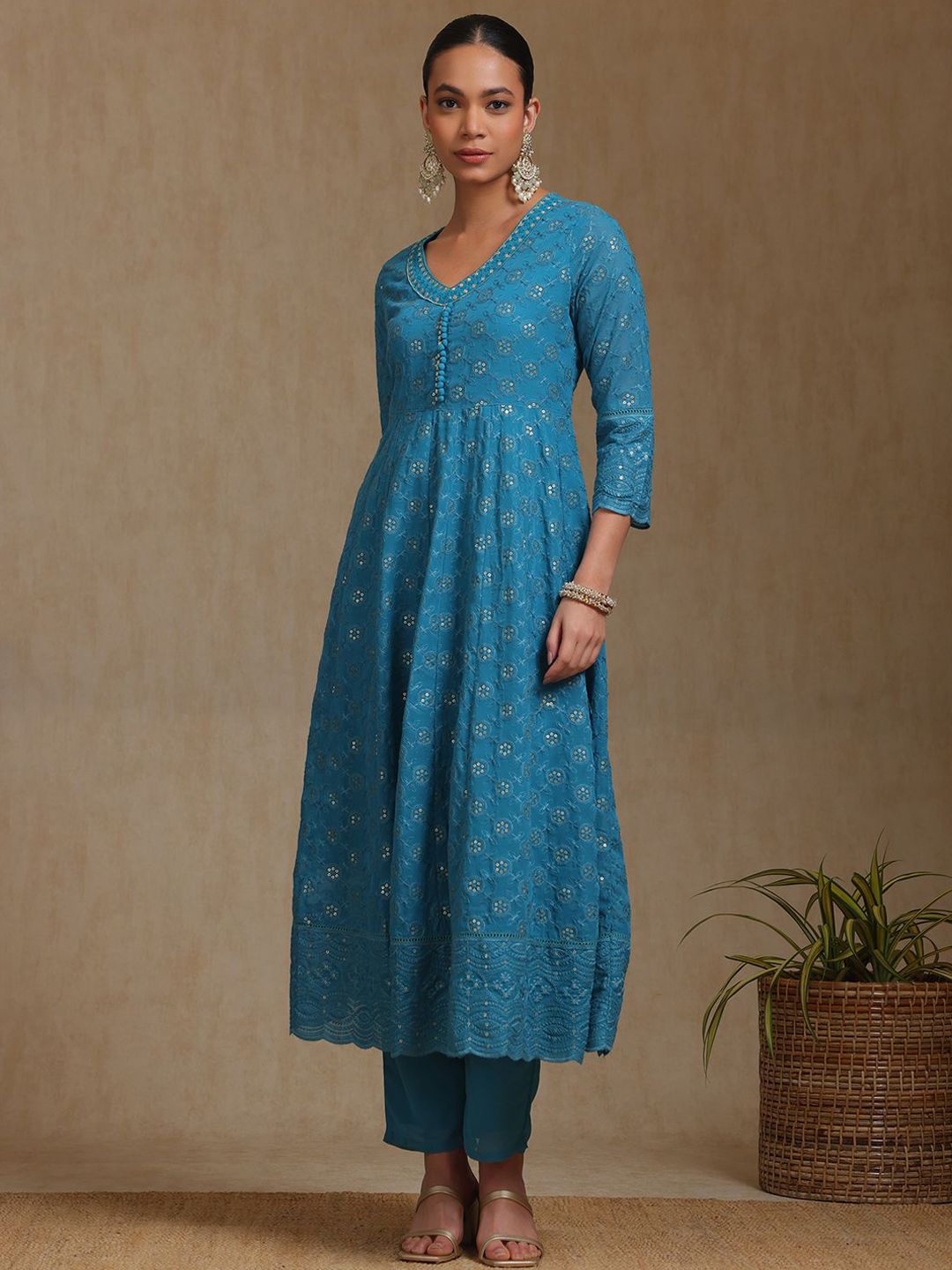 Dhiyona SO Women's Floral Embroidered V-Neck Sequinned Georgette A-Line Kurta With Trousers & Dupatta