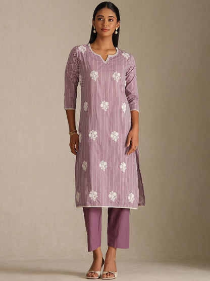 Dhiyona SO Women's Women Striped Regular Thread Work Pure Cotton Kurta Trousers With Dupatta