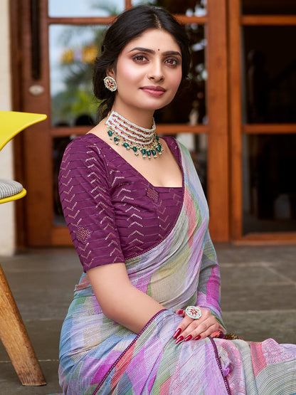 Women's Chiffon Multicolored Printed Designer Saree With Blouse Piece