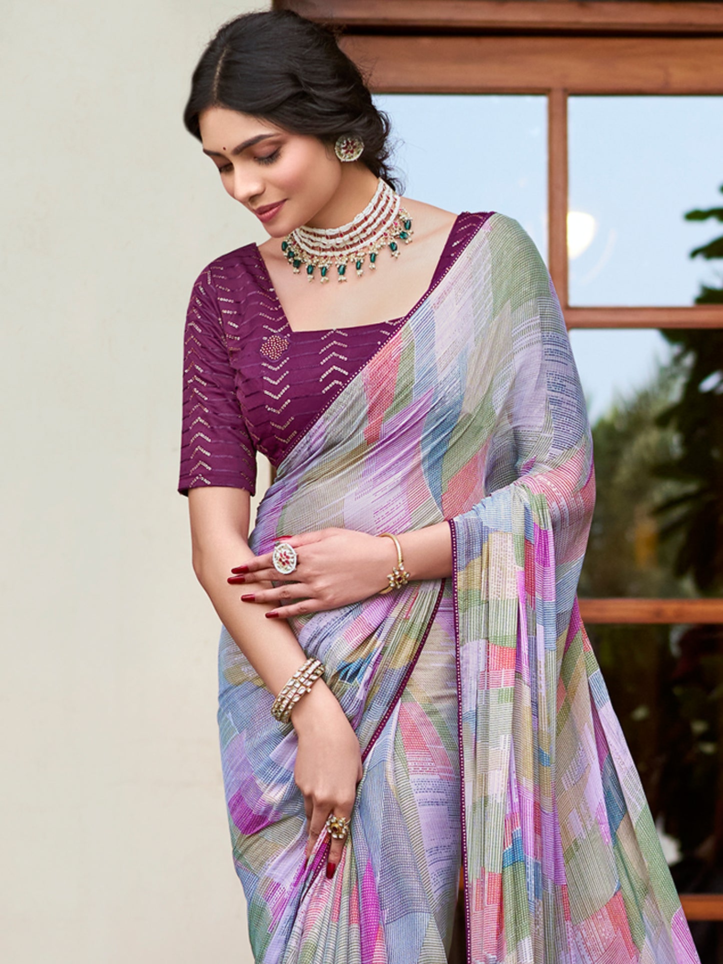 Women's Chiffon Multicolored Printed Designer Saree With Blouse Piece