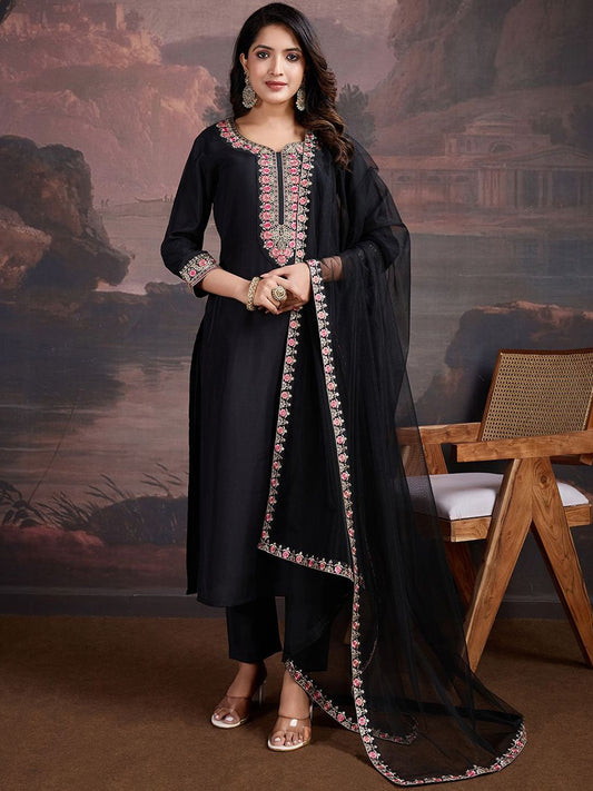 Dhiyona PD Women Floral Embroidered Thread Work Straight Kurta With Trousers & Dupatta
