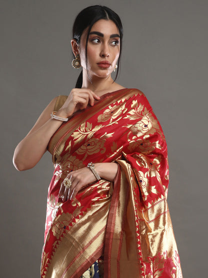 Women's Silk Blend Red Woven Design Designer Saree With Blouse Piece