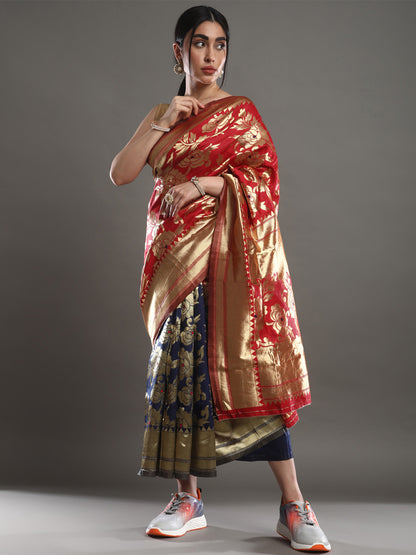 Women's Silk Blend Red Woven Design Designer Saree With Blouse Piece