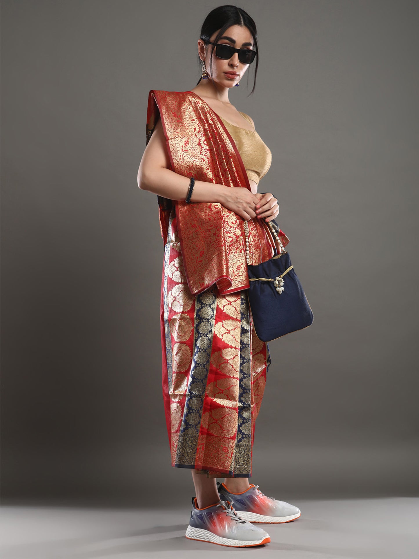 Women's Silk Blend Red Woven Design Designer Saree With Blouse Piece