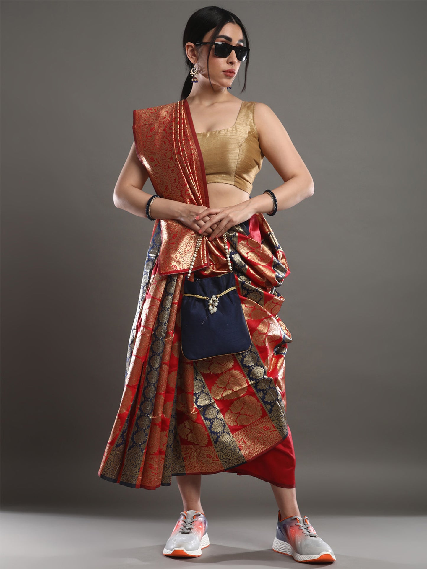 Women's Silk Blend Red Woven Design Designer Saree With Blouse Piece
