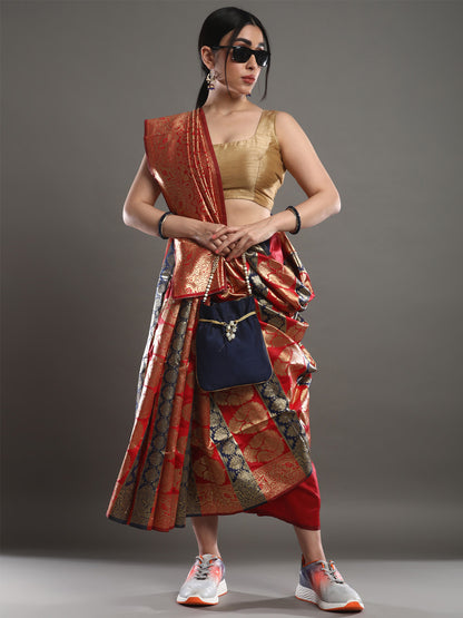 Women's Silk Blend Red Woven Design Designer Saree With Blouse Piece