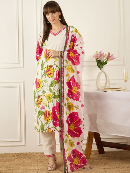 Floral Printed V-Neck Pure Cotton Straight Kurta With Trousers & Dupatta