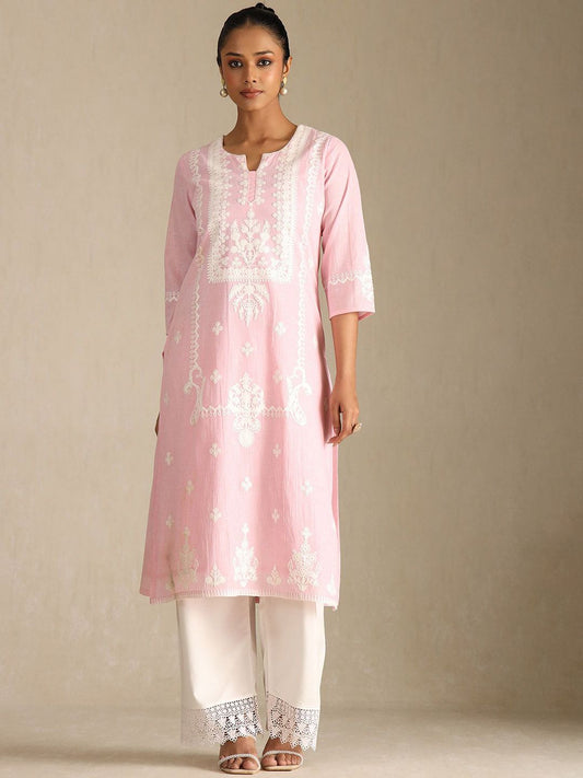 Dhiyona SO Women's Floral Embroidered Notch Neck Thread Work Pure Cotton Straight Kurta With Palazzos