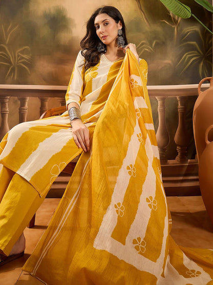 Dhiyona SN Women's Striped Pure Cotton Straight Kurta & Trousers With Printed Dupatta
