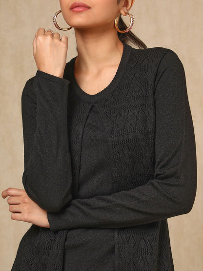 Dhiyona SO Women's Black Geometric Woven Design Layered Acrylic Straight Kurta With Trouser