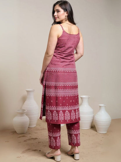 Women Ethnic Motifs Printed Shoulder Straps Pure Cotton Kurta with Trousers