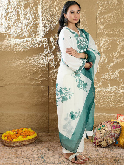 Dhiyona IE Women Floral Embroidered Thread Work Pure Cotton Kurta with Trousers & Dupatta